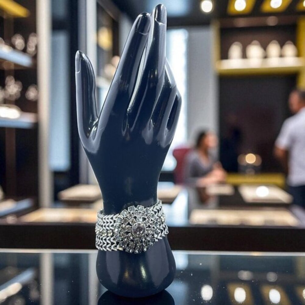 Black Silver Metal Tone‎ Rhinestone Cuff Bracelet Floral Magnetic Clasp Glam